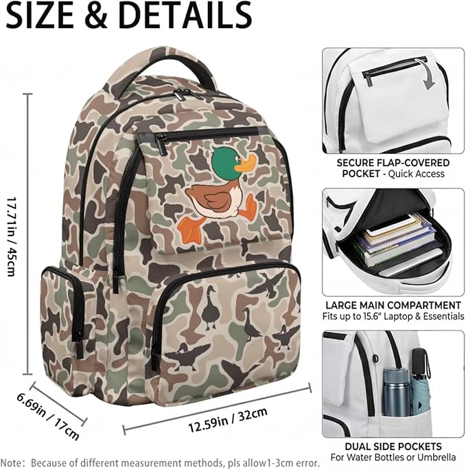 Camo Duck 4 Piece Kids School Backpack Set, with Lunch Pouch | Water Bottle Holder, Lightweight Durable 600D Material, Multi Compartments, for Middle High School Students - Image 4