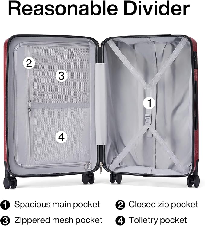 Hanke 24 Inch Luggage Suitcases With Spinner Wheels Lightweight PC Hard Shell Rolling Suitcase With Travel Lock,Checked-Medium 24-Inch （Burgundy） - Image 5