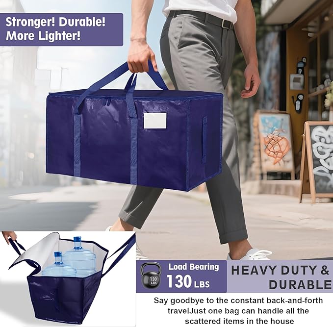 6 Pack-Extra Large Heavy Duty Moving Bags - Waterproof Storage Totes with Handles & Zippers, Foldable for College Dorm, Storage (Dark Blue) - Image 3