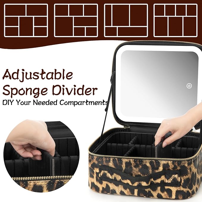 Makeup Travel Train Case with Mirror LED Light 3 Adjustable Brightness Cosmetic Bag Portable Storage Adjustable Partition Waterproof Makeup Brushes Makeup Jewelry Gift for Women (Leopard Print) - Image 4