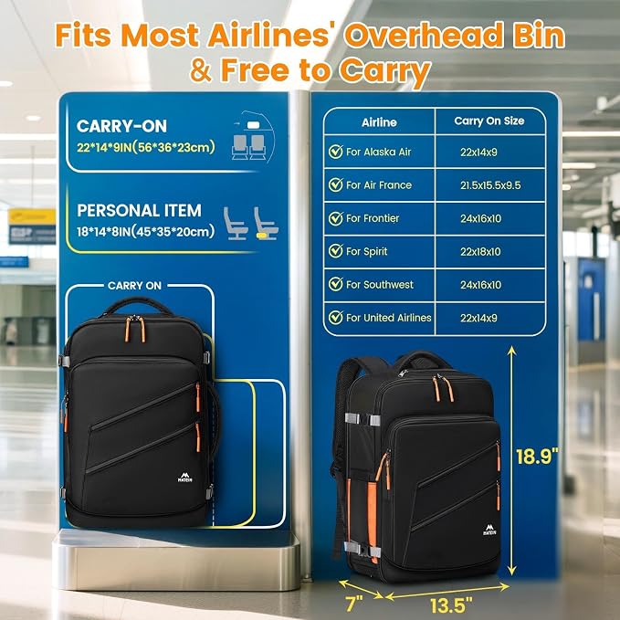 MATEIN Carryon Backpack for Airplane, Travel Backpack with Shoe Compartment | 40L, Airline Approved, Electronics Case, Large Capacity, Water Resistant, Fit 17" Laptop, Wet Pocket, Flight Essential, Black - Image 2