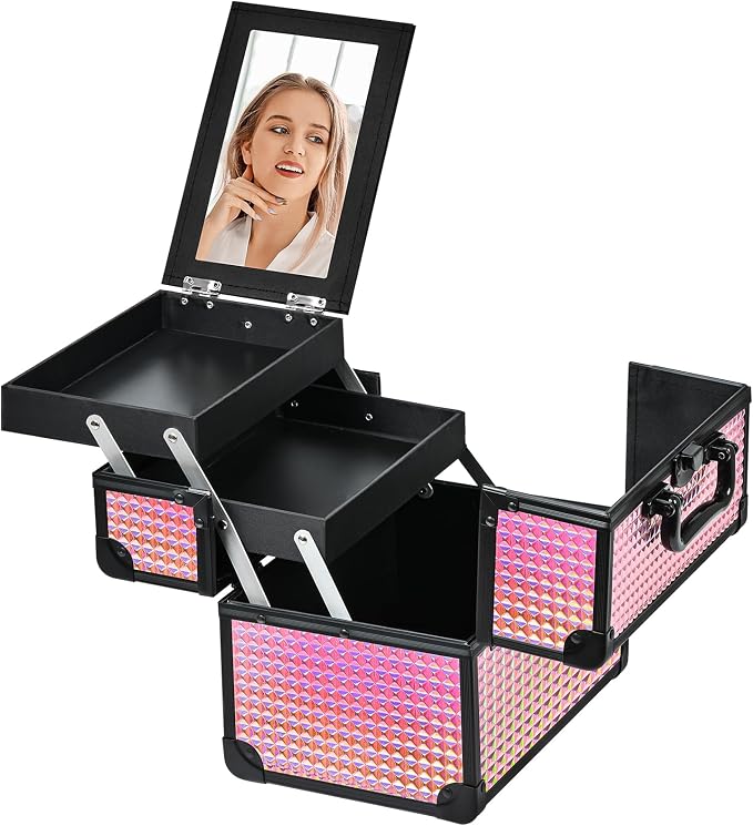 Makeup Case Organizer,Makeup Train Case, Trays Cosmetic Box Portable, Profesional for Salon Barber,Black Bright Pink - Image 8