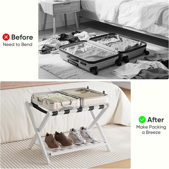 Smart FENDEE 2 Packs Fully Assembled Luggage Racks with Shoe Shelf, Suitcase Stand with Fold & Lock System, Bamboo Luggage Stand Ideal for Guest Room, Bedroom, Hotel, White - Image 5