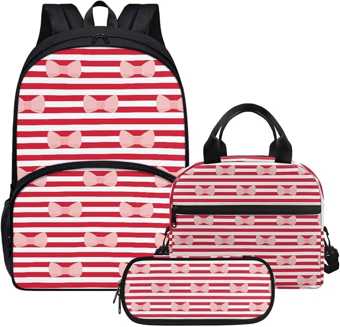 Red Bow knot Striped Backpack Set for Girls Kids Lightweight Cute School Backpack with Lunch Box Pencil Case Adjustable Strap Padded Book Bag Insulated Lunch Bag by Parprinty