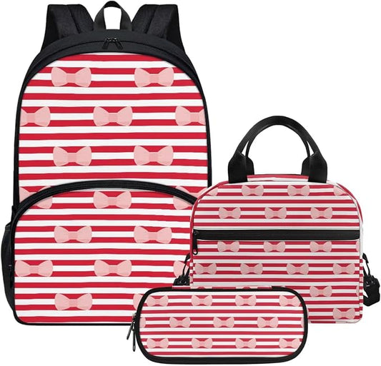 Red Bow knot Striped Backpack Set for Girls Kids Lightweight Cute School Backpack with Lunch Box Pencil Case Adjustable Strap Padded Book Bag Insulated Lunch Bag by Parprinty