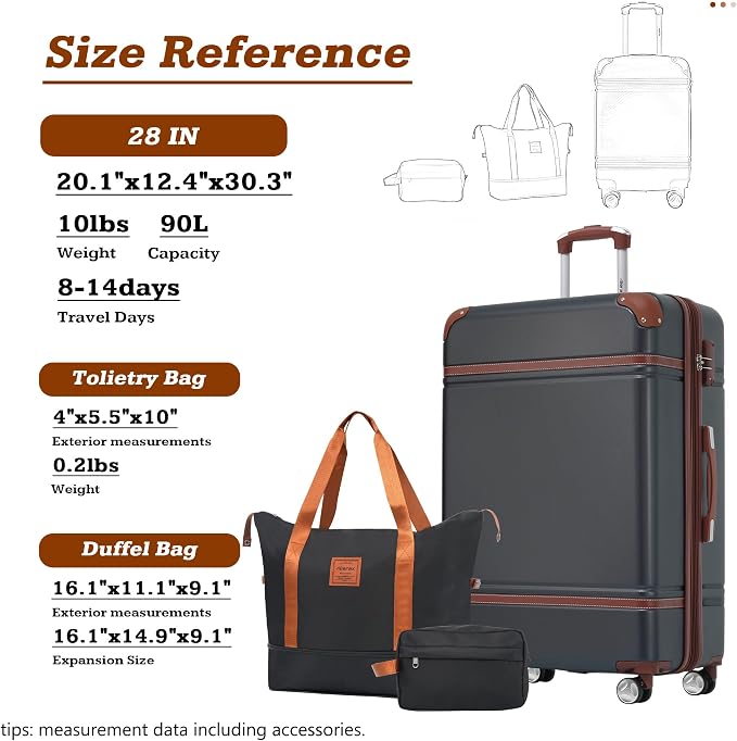 Merax Luggage Set,28 IN Hardside Suitcase with Duffel Bags,3 Piece Expandable Luggage with Spinner Wheels, Vintage Luggage with TSA Lock Lightweight,(Black) - Image 2