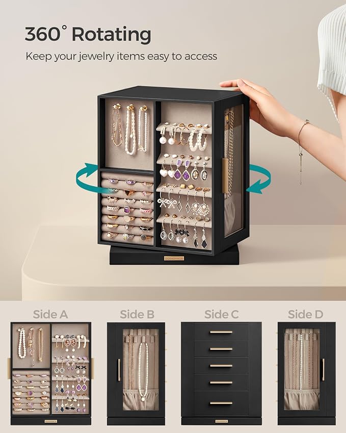 SONGMICS GISELLA Collection - Jewelry Box Organizer 360° Rotating, Vertical Jewelry Storage Case with 5 Drawers, Glass Window, Spacious, Open Design, Great Gift, Ink Black UJBC170B01 - Image 3