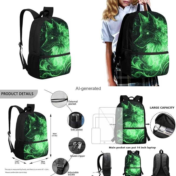Galaxy Wolf Backpack for Boys Girls Backpack with Lunch Box Water Bottle Carrier and Soft Pencil Pouch 4PCS Set Bookbag with Front Pocket for School 17 inch Large Capacity School Bag for Kids - Image 3
