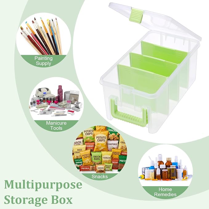 BTSKY Clear Plastic Dividing Storage Box with 4 Deep Compartments Adjustable Storage Bin with Lid Portable Craft Container Multipurpose Sewing Box Art Supply Organizer, 13.9x7.9x6.2 Inches, Green - Image 7