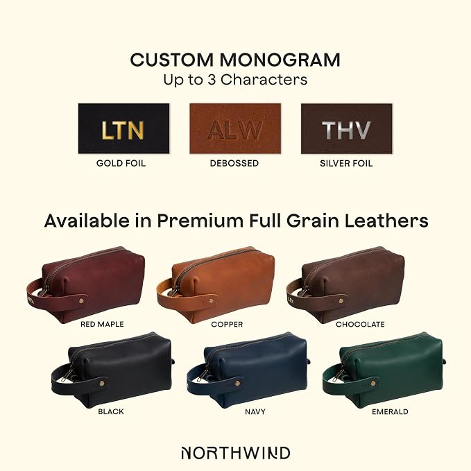 Northwind Personalized Leather Toiletry Bag – Made in USA - Monogrammed Full Grain Leather Dopp Kit for Men & Women, Custom Gift for Travelers, Travel Toiletry Bag for Grooming Essentials - Image 2
