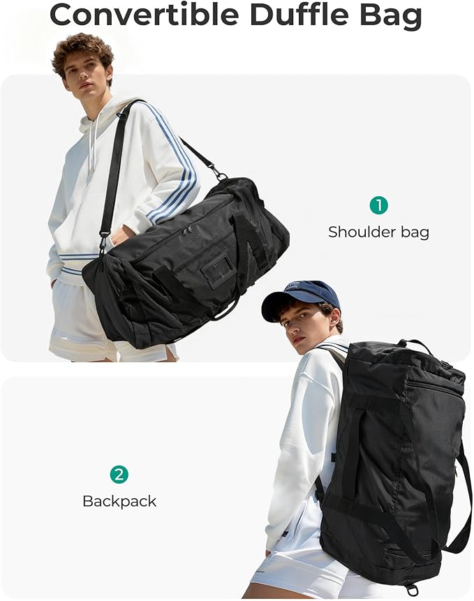 BAGSAMRT 60L Foldable Duffle Bag for Travel, Large Travel Duffel Bag for Men, 4 in 1 Travel Backpack, Carry on Weekender Bag, Black