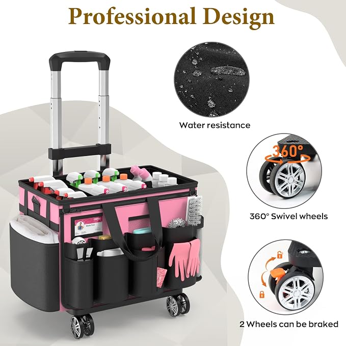 Cleaning Caddy with Wheels - Rolling Cleaning Caddy Bag with Detachable Trolley, Cleaning Caddy for Cleaning Supplies, Cleaning Bag for Housekeeping, Pink - Image 2