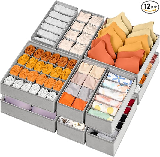 Criusia 12 Pack Sock Underwear Drawer Organizer Dividers, 116 Cells Fabric Foldable Dresser Closet Organizers and Storage Bins for Baby Clothing, Women Men Underwear Socks, Bra, Ties, Scarf by Criusia