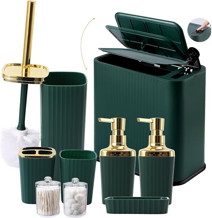 XLHOMO 9-Piece Dark Green Bathroom Accessories Set - Slim Pop-up Trash Can with Lid, Toilet Brush, Soap Dispenser & Apothecary Jars - Luxury Emerald Decor for Small Spaces by BetterbathroomwithXLHOME