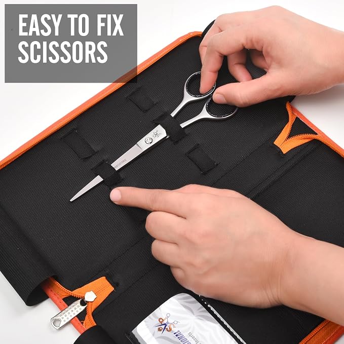 Leather 5 Scissor & Shear Storage Case for Hairstylist - Hairdresser -Scissor Holder Perfect for home-saloon use (Orange) - Image 4