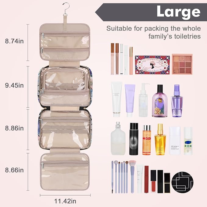 Wedama Toiletry Bag for Women, Large Cosmetic Travel Bag, Hanging Toiletry Bag for Bathroom, PVC Waterproof Makeup Bag, Toiletries Bag for Travel Business Trips and Camping, Black+Brown Floral - Image 2