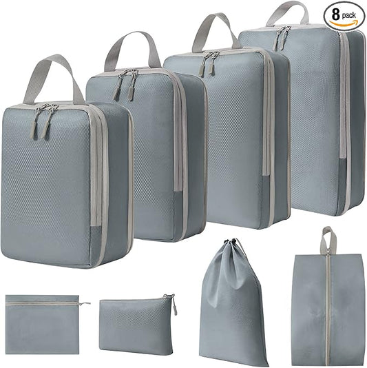 WOOMADA Compression Packing Cubes for Suitcases Travel Essentials 8 Set Expandable Travel Bags Organizer for Luggage(concrete grey) by WOOMADA