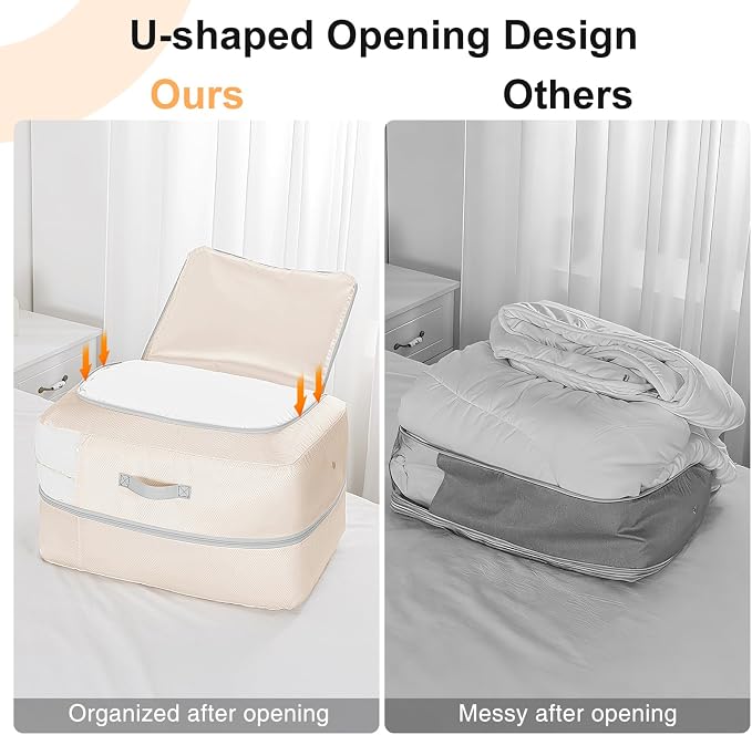 Comforter Storage Bag - 110L Large Capacity Blanket Storage Bags 2-Layer Ultra Space Saving Self Compression Organizer, Washable Compression Bags for Storage Comforter Blanket, 4-Pack, Beige - Image 4