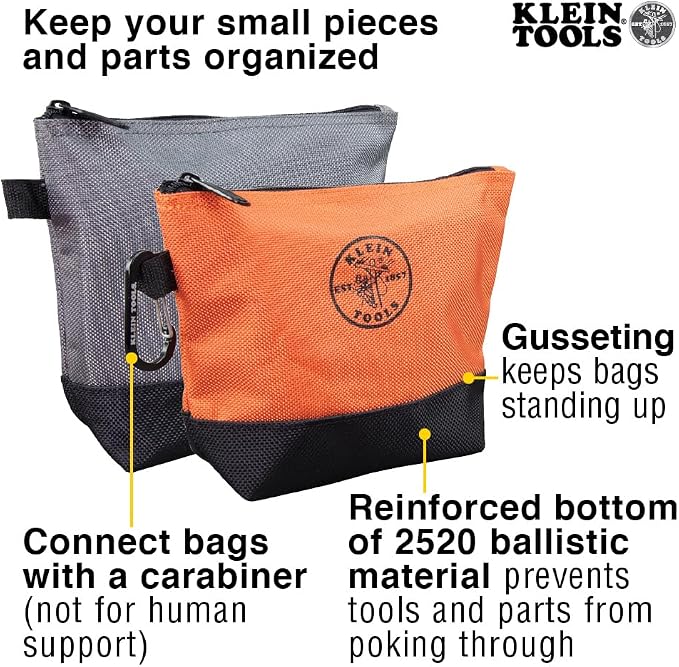 Klein Tools 55470 Utility Bag, Stand-Up Zipper Tool Bags, Tough 1680d Ballistic Weave, Reinforced Bottoms, Orange/Black, Gray/Black, 2-Pack - Image 3