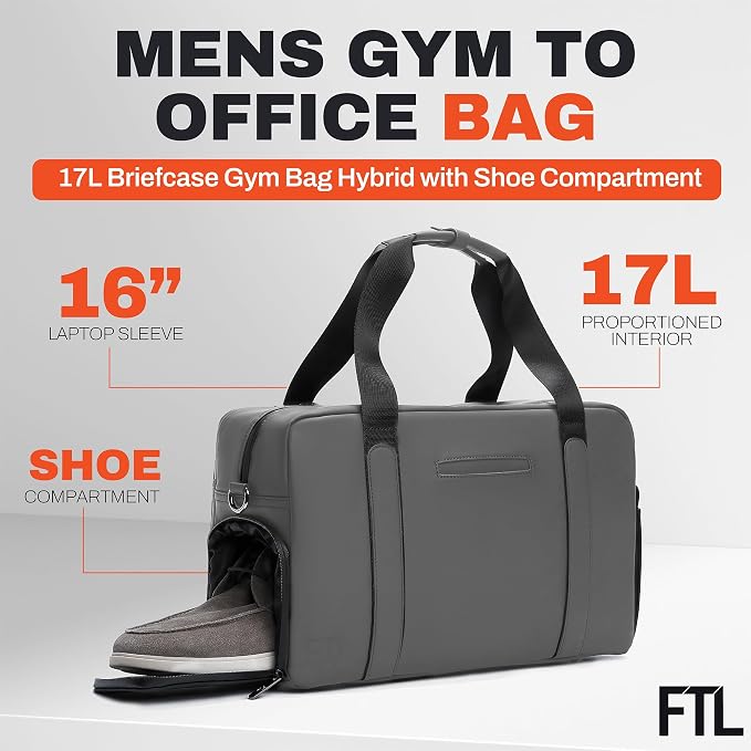 The FTL Lite Mens Gym to Office Bag - 17L Briefcase Gym Bag Hybrid with Shoe Compartment & 16" Laptop Sleeve - Executive Daily Carry & Overnight Duffel for Athletic Business Pros - Gray - Image 2