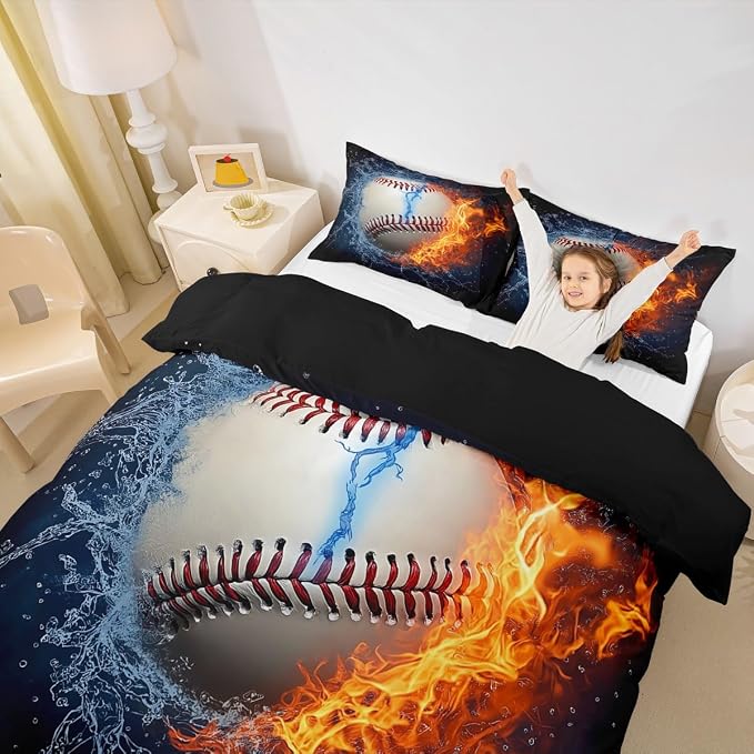Baseball Duvet Cover Full Size Sports Theme Bedding Set Kids Teens Boys Fire and Ice Sports Baseball Comforter Cover with Zipper,Decoration 3 Pcs Bedding Set (1 Duvet Cover +2 Pillowcases) Red Blue - Image 2