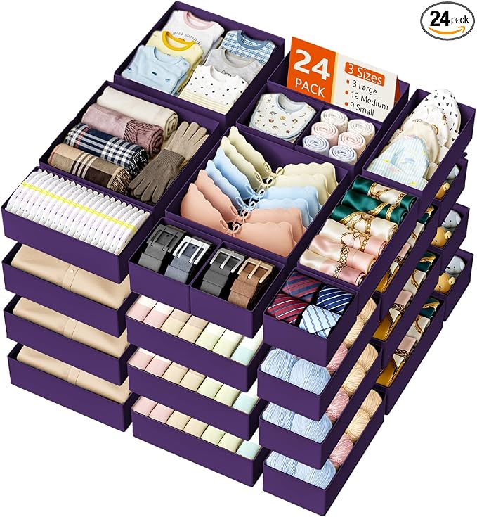 DIMJ Drawer Organizer Clothes - 24 Pack Closet Drawer Organizer Bins for Baby Clothes Storage, Fabric Dresser Organizer for Nursery Bedroom, Foldable Small Drawer Dividers for Underwear Socks by DiMJ