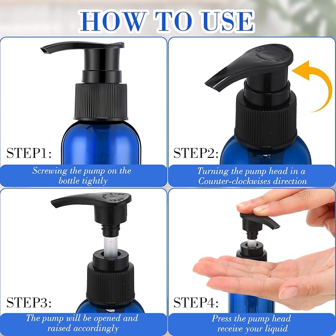Nuenen 48 Pcs Refillable Empty Lotion Bottles 4oz/120ml Plastic Pump Bottles Conditioner Shampoo Dispenser Leak Proof Pump Container for Body Wash, Creams, Liquid Soap(Black and Blue) - Image 4