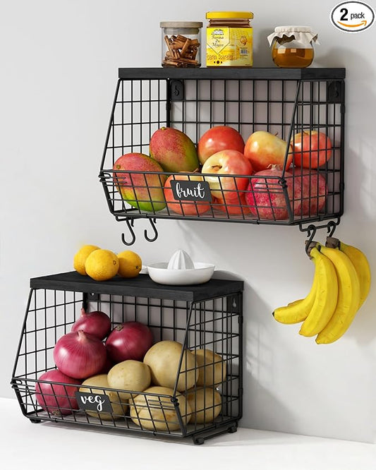 Goozii Black Kitchen Wall Hanging Storage Basket Set of 2, Rustic Stackable Kitchen Counter Fruit Organizer, Wire Baskets Container for Veggie, Garlic, Produce, Onion and Potato (Black Shelf) by Goozii