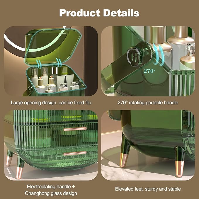 Ergocar Portable Retro Series Multi-Function Make Up Case Dustproof Cosmetic Storage Box, Skin Care Products Jewelry Organizer Finishing Box Bathroom Desktop - Retro Green - Image 6