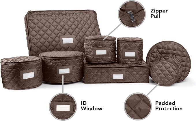 Covermates Keepsakes Dish Storage Set – Padded China & Dinnerware Storage Cases with Dividers, Cup & Stemware Storage, Quilted Polyester Protection, ID Window, Bronze - Image 5
