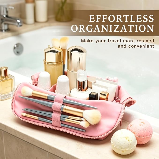 Minoisome Travel Makeup Bag,PU leather toiletry bag,make up organizer case for women,Large Capacity Cosmetic Bag,Wide-open Pouch Purse，Toiletries Accessories，Fold-Down Design and Adjustable Dividers. - Image 3
