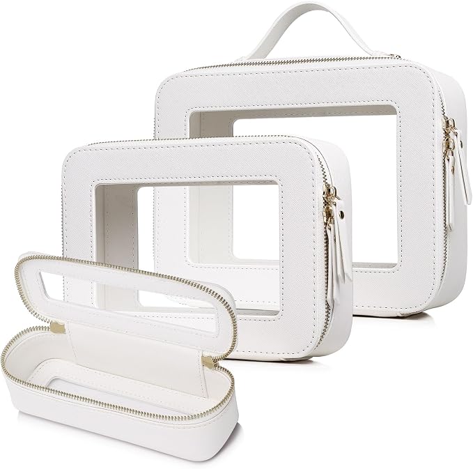 Travel Makeup Set, White, L+M+SLIM | Waterproof, Transparent Cosmetic Bag, Toiletry Bag, Makeup Brush Case with Zipper, Car Essentials for Women by LOFOWN