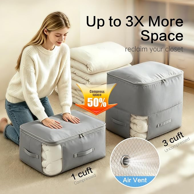 Comforter Storage Bag, Large Capacity Blanket Storage Bags 2-Layer Ultra Space Saving Self Compression Organizer, Heavy Duty Space Saver Organizer for Bedding, Clothes, Blanket, 2-Pack, Gray - Image 2