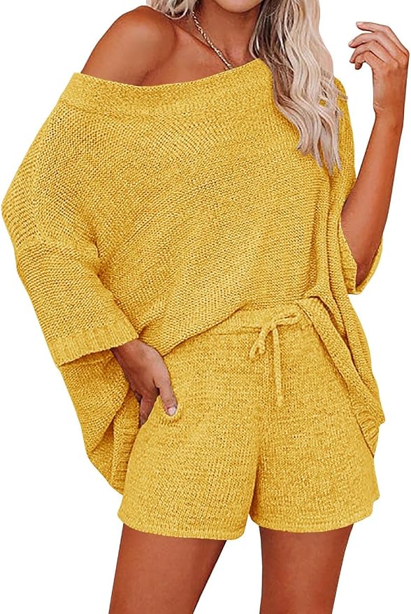 Ermonn Womens 2 Piece Outfits Sweater Sets Off Shoulder Knit Tops Waist Short Suits Casual Pajama Set by Ermonn