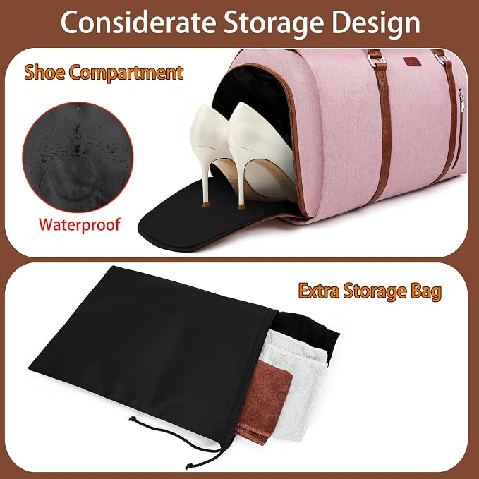Convertible Garment Duffle Bags for Travel - Carry On Garment Bags With Toiletry Bag, Large Weekender Bags for Women Men 2 in 1 Hanging Suitcase Suit Travel Duffel Bags (Pink) - Image 2