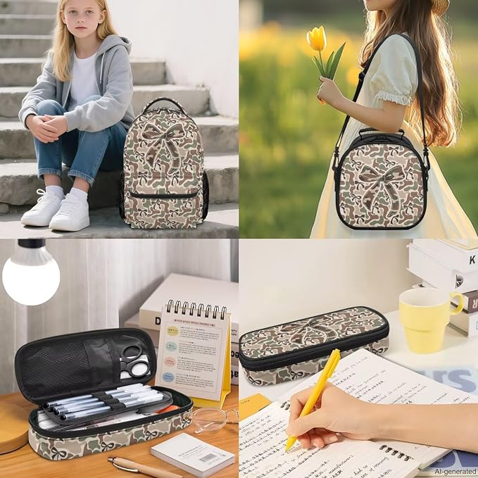 Cute Camo Bow Backpack Set for Girls, 4-Piece Camouflage School Bag and Lunch Box Pencil Case Charm, Trendy Bookbag Gift for Kids Grades K-5 - Image 2