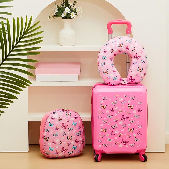 Sanwuta 4 Pcs Kids Luggage Set Back to School Gifts for Girls Boys Carry On Rolling Suitcase Backpack Neck Pillow Travel Set(17 Inch,Butterfly Style,Rose Pink) - Image 7