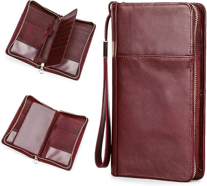 CONTACTS Full Grain Leather Family Passport Holder for 4 RFID Blocking Passport Wallet Large Capacity Wristlet Clutch Purse Red by CONTACTS