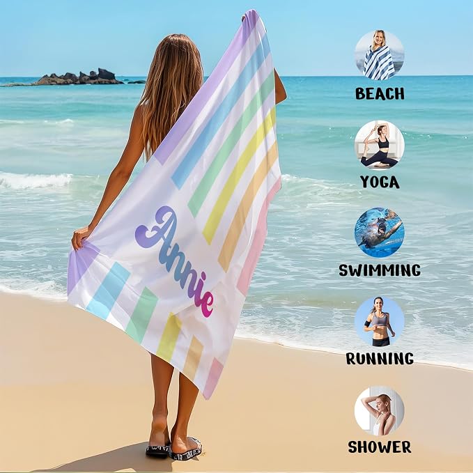 JML Personalized Beach Towel with Name, Custom Rainbow Cabana Stripe Beach Towel, Customized Microfiber Pool Towel, Quick Dry & Absorbent Swim Towel for Adult,Anniversary, Birthday, Summer Holiday - Image 6