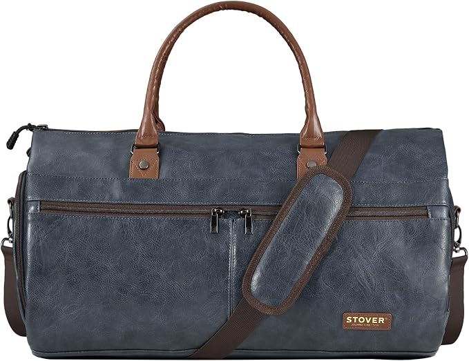 STOVER Garment Travel Duffle Bag, Large 2-in-1 Convertible Carry-on Luggage for Men & Women- Hanging Suits, Dresses & Clothes + Shoe Compartment- Weekender Tote Combo Duffel (Blue Leatherette) - Image 8