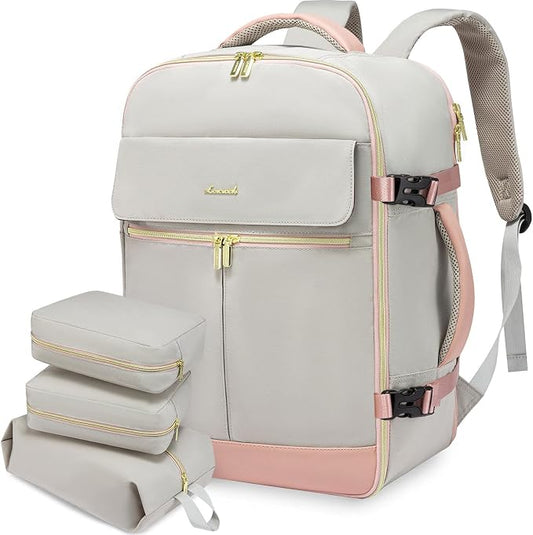 LOVEVOOK Carry On Backpack, 40L Travel Backpack Women with 3 Packing Cubes, TSA Airline Approved Suitcase Bag as Personal Item, Waterproof 17 inch Laptop Backpack for Weekender Overnight,Grey Pink by LOVEVOOK