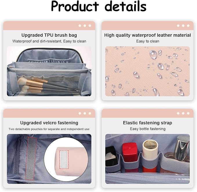BOYATU Travel Makeup Bag Organizer Cosmetic Bag: 3 Pcs Set Make up Bags for Women with Handle - Waterproof Vegan Leather Toiletry Bags Travel Essentials Pouch with Compartments (A-09-Pink) - Image 4