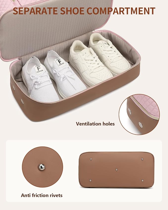 Weekender Bags for Women Travel, Under Seat Carry On Bags for Airplanes Overnight Bag with Shoe Compartment Luggage Sleeve, Foldie Travel Tote Bag Hospital Bag, Travel Gifts, Pink Brown - Image 4