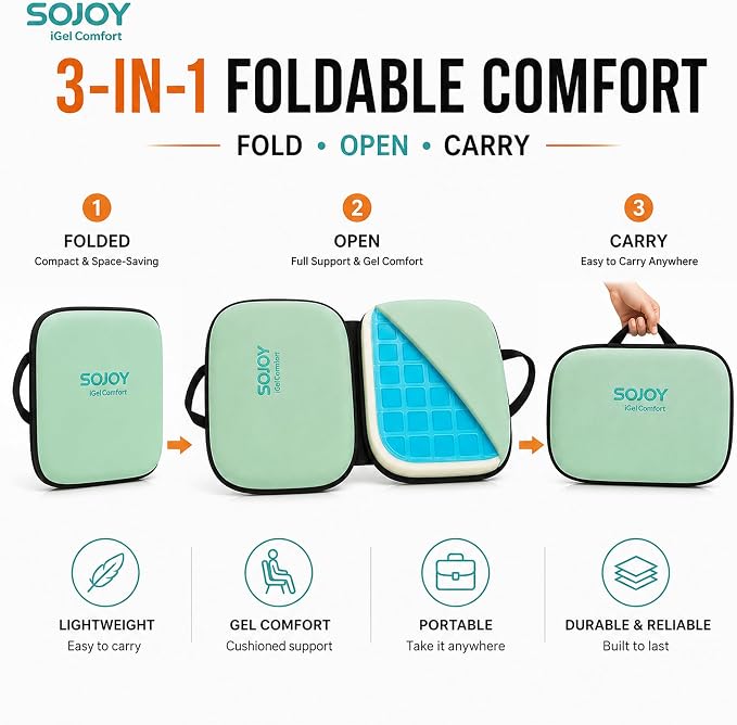 Sojoy 3-in-1 Foldable Gel Seat Cushion with Memory Foam Ergonomic Portable Cushion for Back Pain & Tailbone Relief - Perfect for Office Chair, Airplane Travel & Stadium Seats (18.5" x 15" x 2" Green) - Image 2