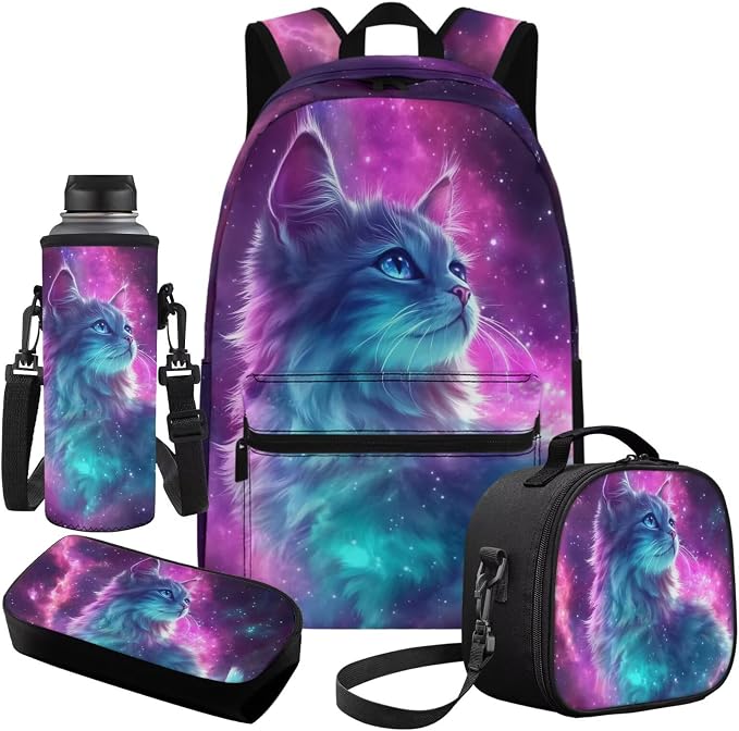 Galaxy Cat Girls Backpacks Ages 8-10 6-8, Large School Bag with Lunch Box Pencil Case Water Bottle Sleeve 4 in1 Set, Kids Bookbag for Elementary Middle Travel Outdoor Daypack, Purple - Image 2