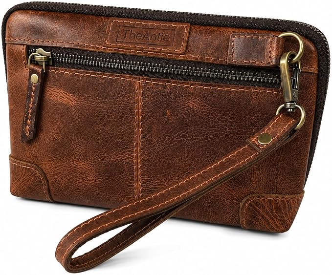 Genuine Leather Makeup Bag Travel Organizer, Premium Handcrafted Cosmetic Pouch with Zipper & Wrist Strap, Durable Toiletry Storage for Women & Men, 5 x 9- Tan by TheAntiq