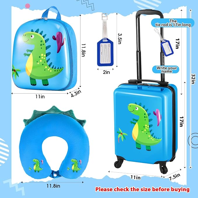 Sanwuta 4 Pcs Kids Luggage Set Back to School Gifts for Girls Boys Carry On Rolling Suitcase Backpack Neck Pillow Travel Set(17 Inch,Dinosaur Style,Blue) - Image 2