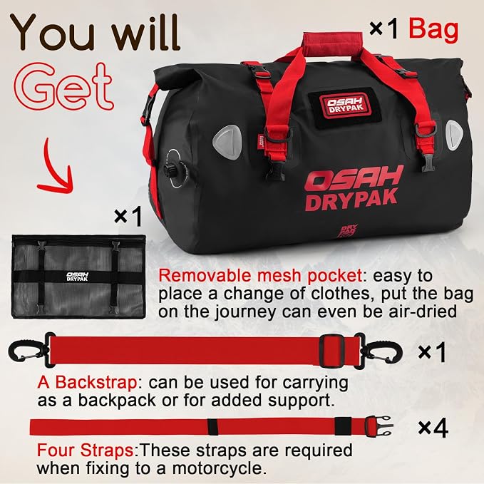 OSAH DRYPAK Waterproof Duffel Bag - Motorcycle Dry Bag Tail Bag with Large Storage Space, Waterproof Luggage Duffle Bags with Outer Mesh Zipper Pocket for Camping, Kayaking, Fishing & Traveling - Image 8
