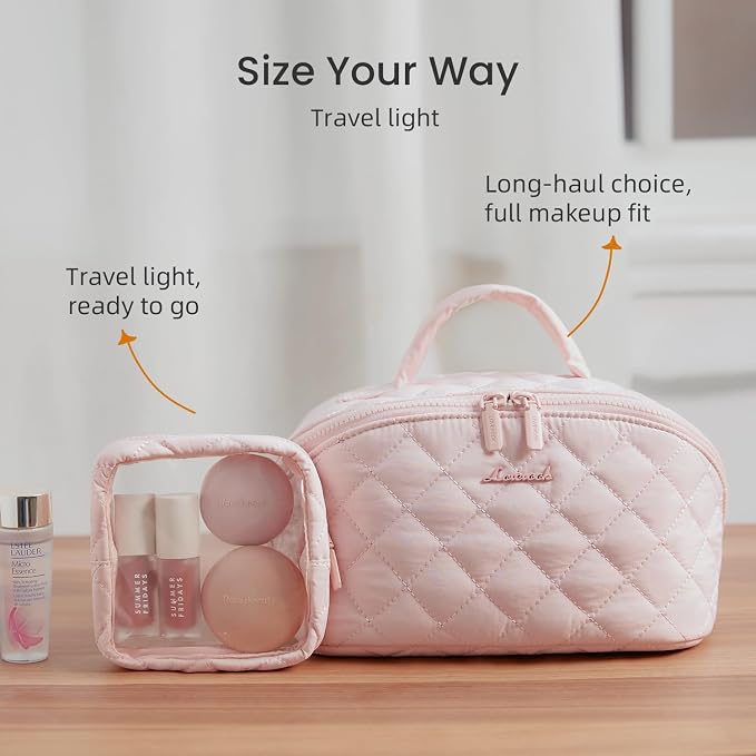 LOVEVOOK Travel Makeup Bag for Women, 2Pcs Puffer Waterproof Cosmetic Organizer, Large Capacity Pouch Open Flat Small Toiletry Bag with Brush Compartment & Handle (Pink, Large) - Image 6