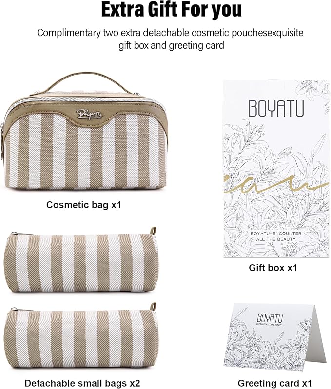 BOYATU Travel Makeup Bag Cosmetic Bag for Women: 3 Pcs Set Striped Make up Bag with Compartment - Waterproof Vegan Leather Toiletry Bag with Handle - Makeup Organizer for Travel Essential(A-6-Apricot) - Image 6